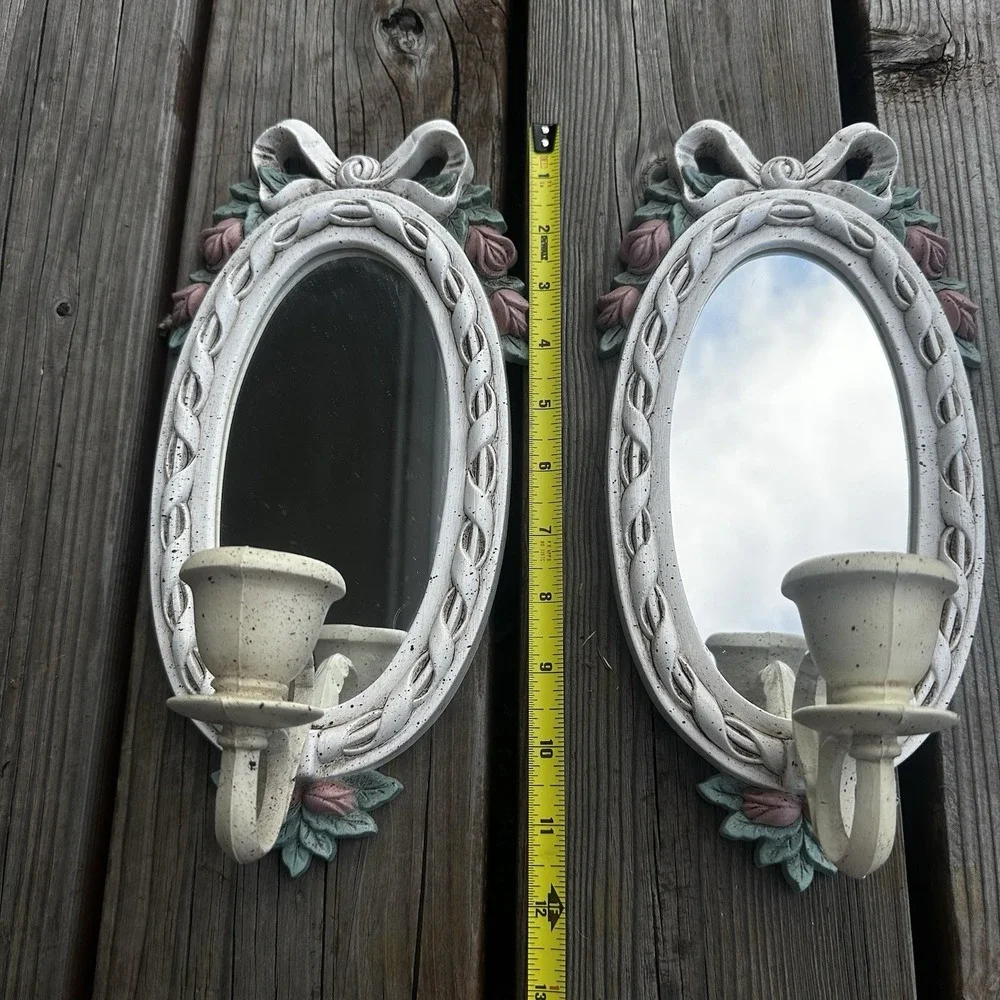 Vintage 2x white Wall Sconce‎ Candle Mirror White w/Pink Flowers Bows Coquette